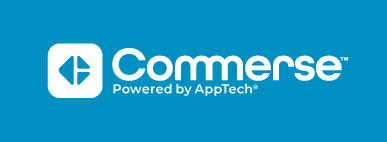 Commerse Logo White with Text "Powered by AppTech."